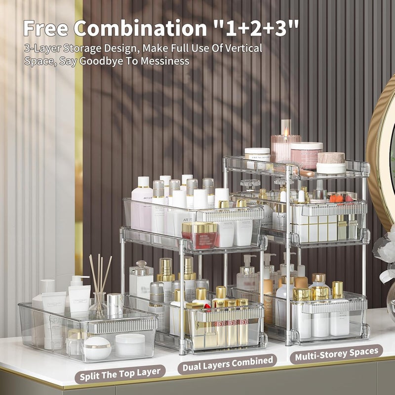 WAKISA Clear Bathroom Organizers 2 Sets 3 Tier, Pull Out Organizer and Storage with 2 Cups, Slide Out Drawer Storage Container with 6 Dividers, Multi-Purpose Bathroom Organizer, Kitchen Under Sink Organizer - Image 2